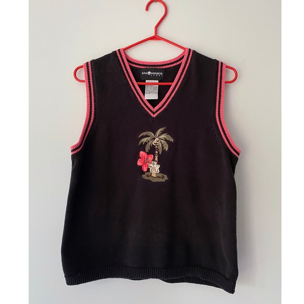 90s vintage black tropical palm tree embroidered knit sweater vest cotton top